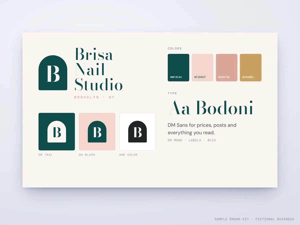 Sample brand kit for a fictional nail studio: logo, colors and type