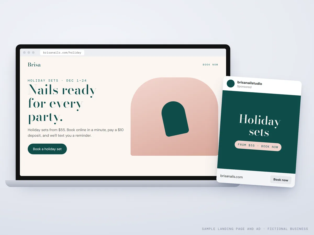 Sample promotion landing page and ad for a fictional nail studio