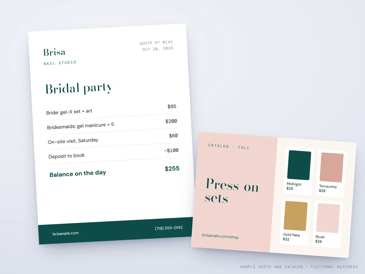 Sample quote and product catalog for a fictional nail studio