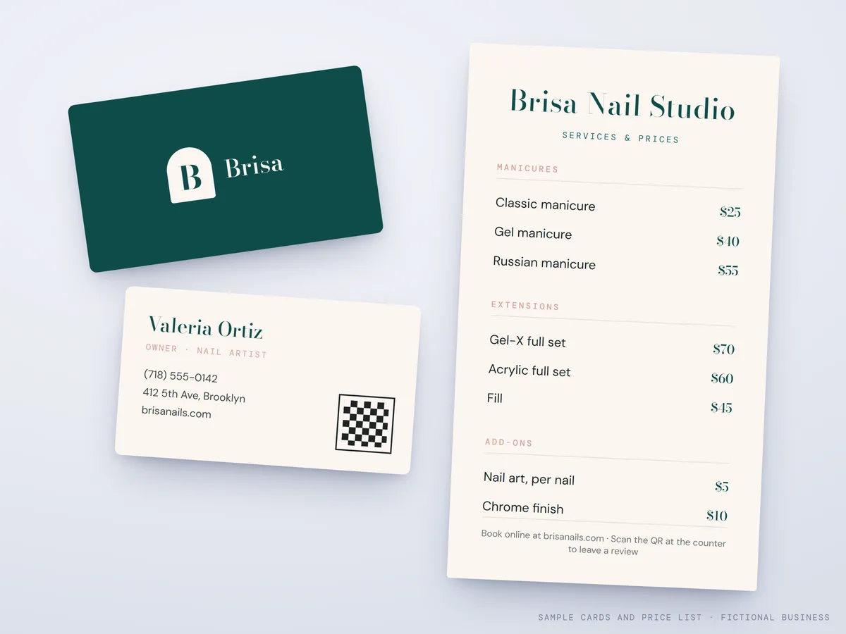 Sample business cards and price list for a fictional nail studio