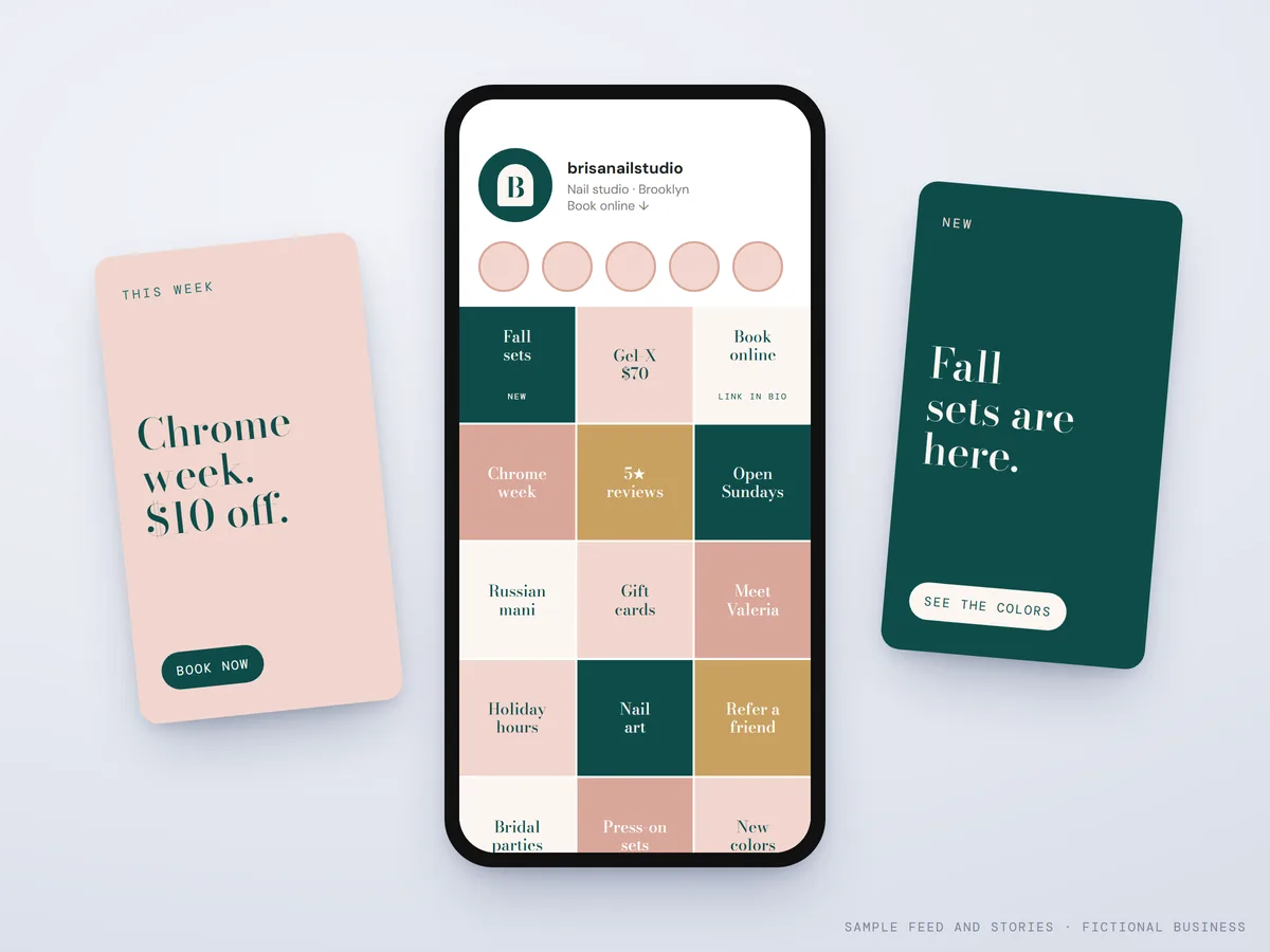 Sample Instagram feed and stories for a fictional nail studio