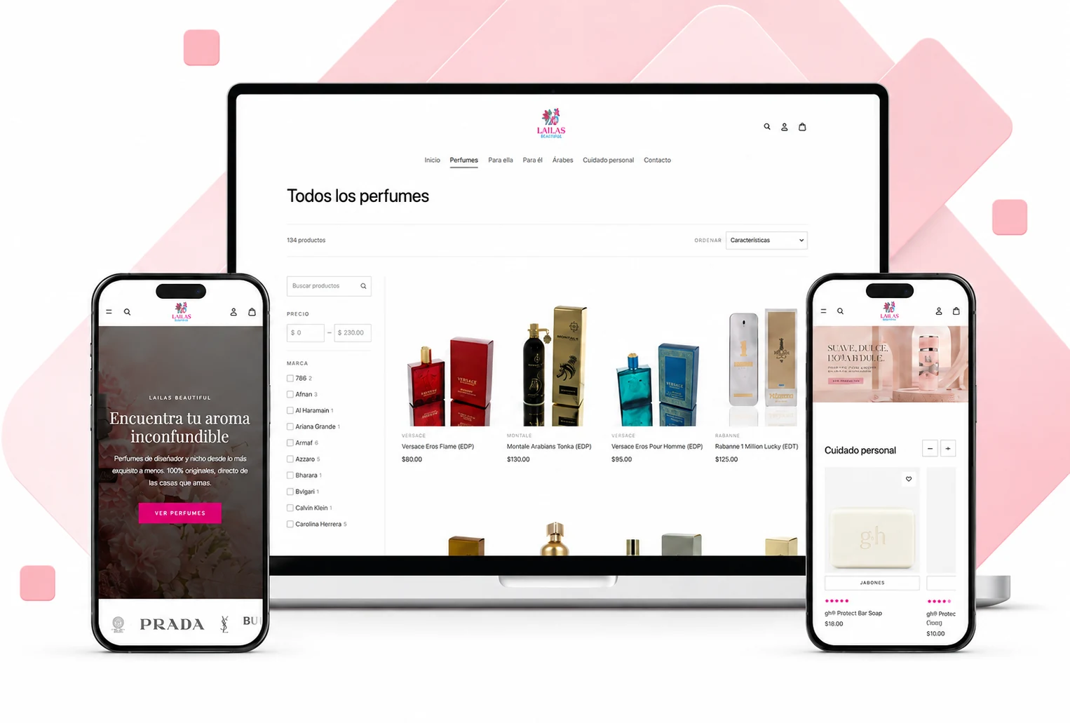 La tienda de Laila Beautiful en una laptop y dos teléfonos: el catálogo de perfumes, la portada móvil y la sección de cuidado de la piel