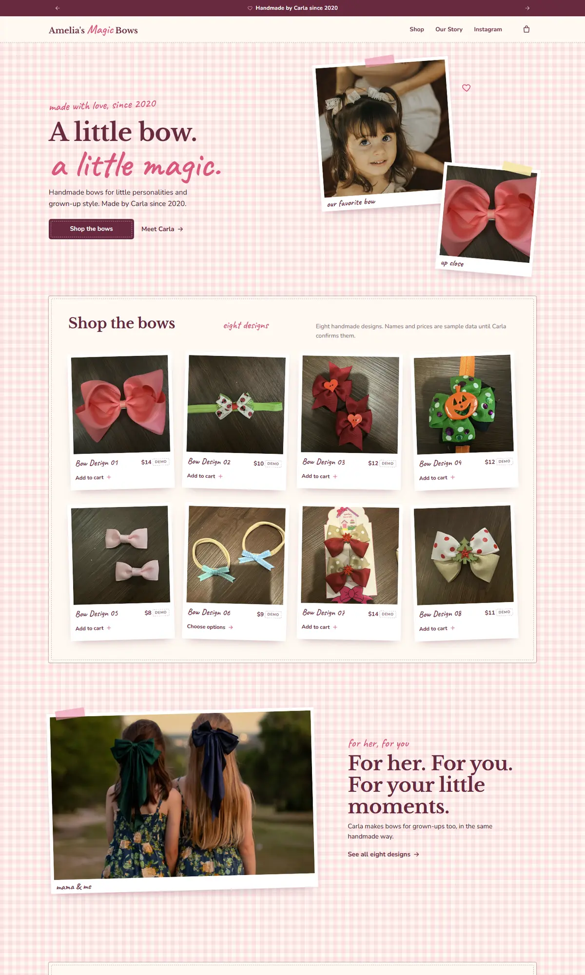 Amelia's Magic Bows: full page on desktop
