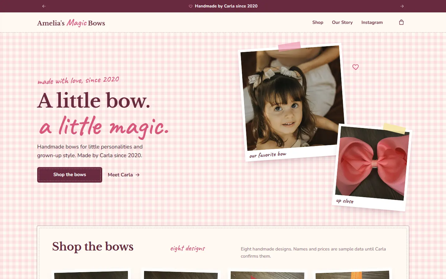 Amelia's Magic Bows: homepage on desktop