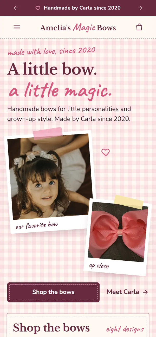 Amelia's Magic Bows: Prototype: shop with cart, built to move to Shopify