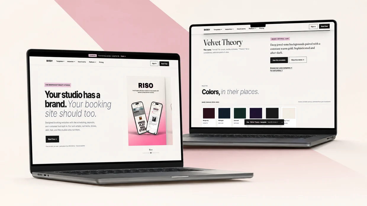 BKRDY en dos laptops: la portada de marketing y el editor de la plantilla Velvet Theory