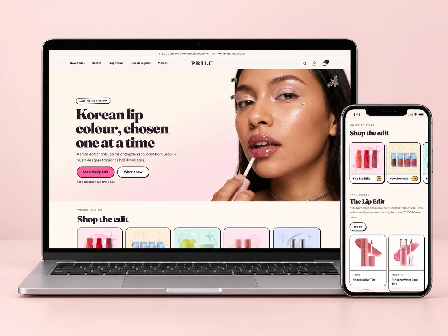 The PRILU Boutique store on a laptop and a phone: the homepage and the lip edit