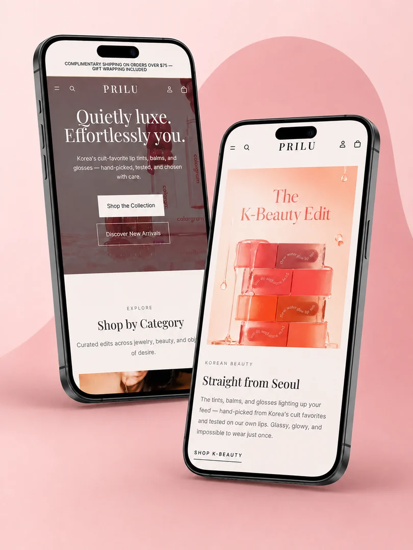 La tienda de PRILU Boutique en dos teléfonos: la portada y la edición K-Beauty