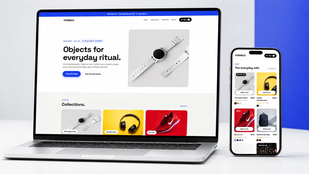 The FORM and CO concept store on a laptop and a phone, showing the hero and the product grid